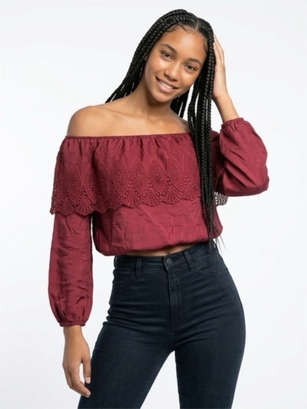 Honey Belle - Red Lace Trim - Cropped Off the Shoulder Top - NWT - Size Small